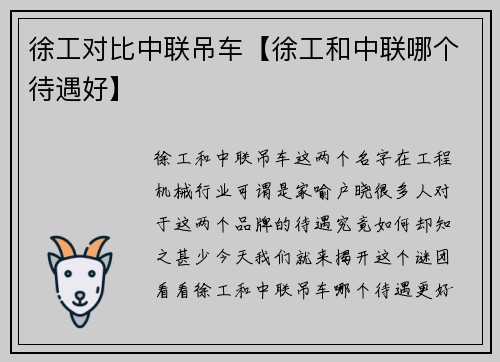 徐工对比中联吊车【徐工和中联哪个待遇好】