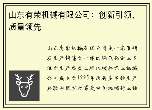 山东有荣机械有限公司：创新引领，质量领先